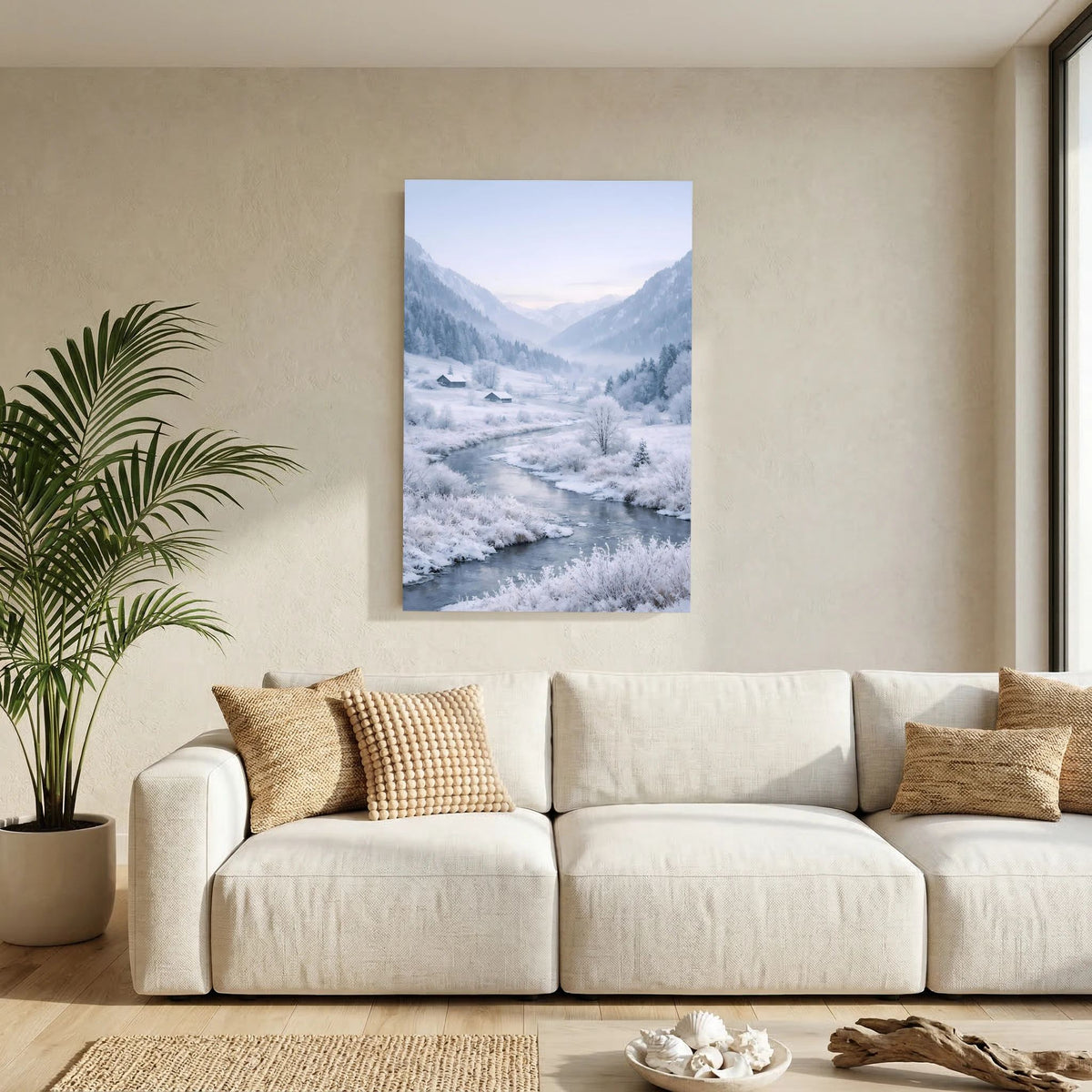 Hochkant-Wandposter der verschneiten Alpenflusslandschaft, weißer Rand sichtbar