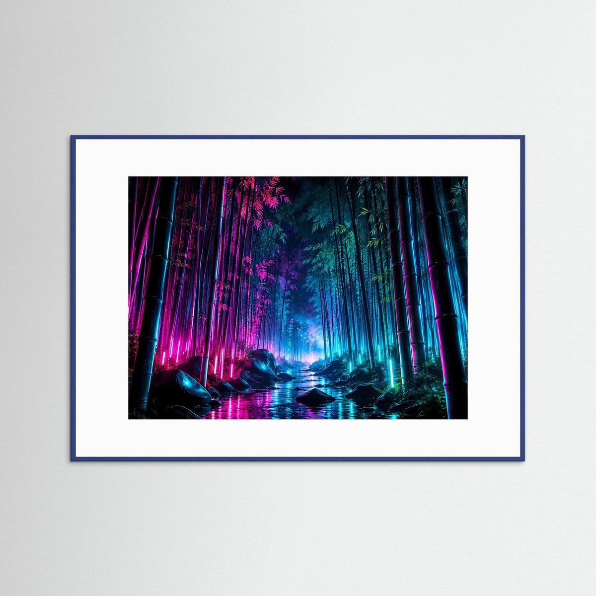 Neon-Bambuswald-Wandkunst mit Cyberpunk-Licht, dunkle Bäume und farbige Leuchtspuren im Poster, mit blauem Rahmen