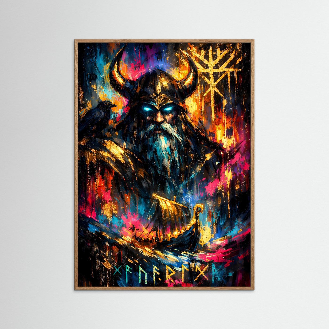 Wikinger-Odin Poster mit bunter Illustration, mittelbrauner Holzrahmen