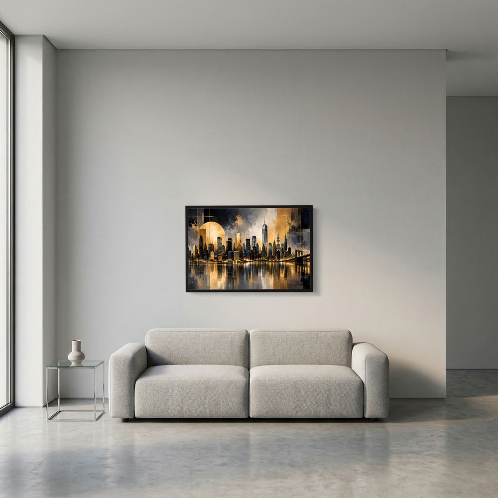 Gerahmtes Wandposter im Querformat mit New-York-Skyline in Schwarz und Gold, dunkler Rahmen