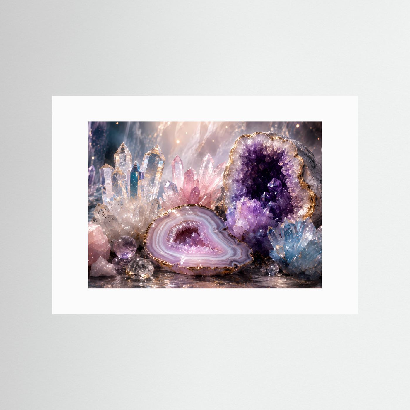 Kristalle & Geoden Poster | Amethyst, Rosenquarz & Bergkristall Wandbild | Luxuriöse Edelstein Kunst | Premium Leinwand & Wall Art