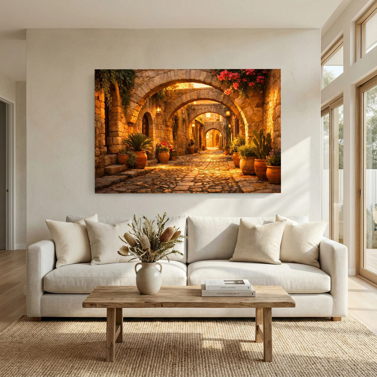 Querformat-Wandbild: mediterrane Steinbogen-Gasse am Abend über weißem Sofa