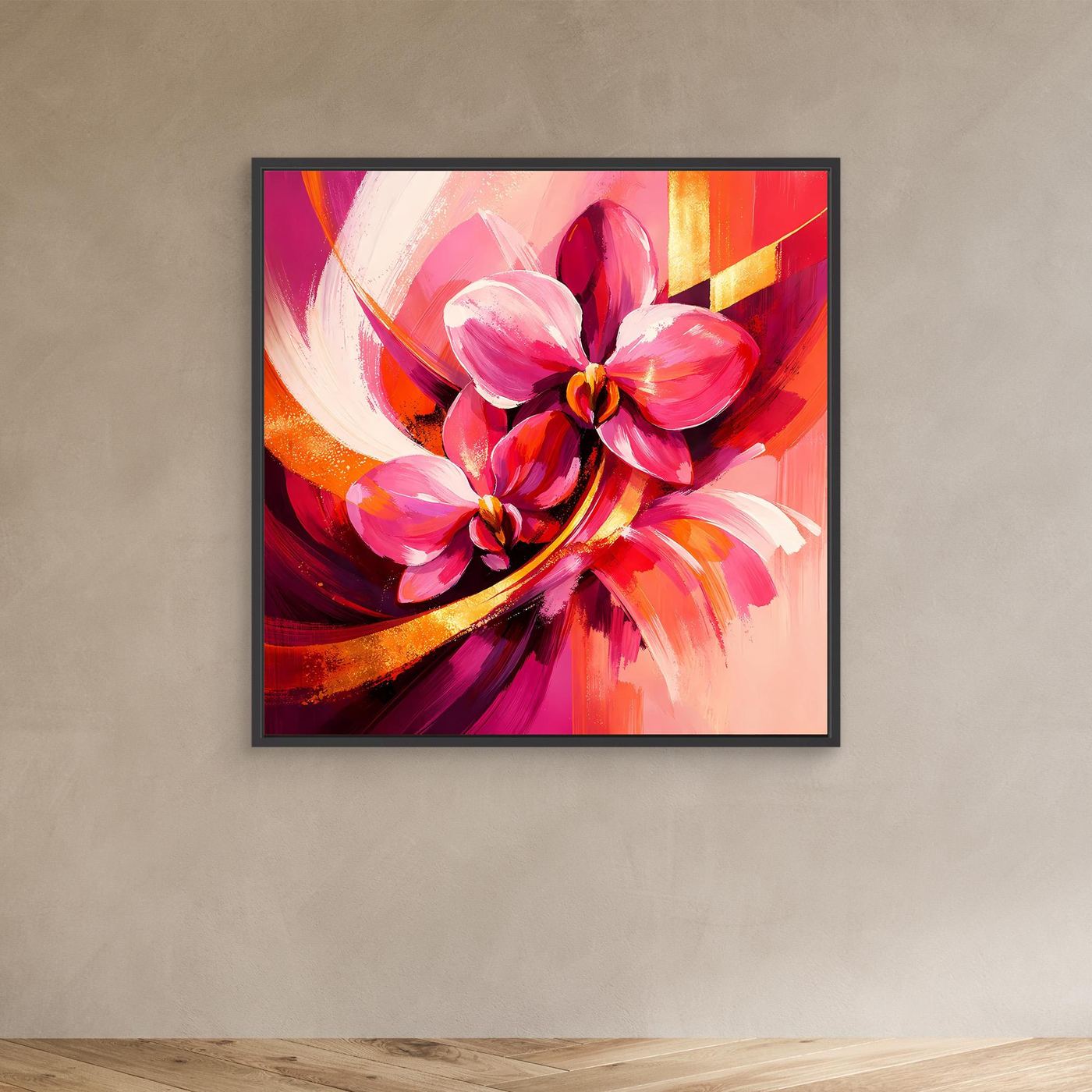 Abstraktes Leinwandbild mit Orchideenblüten; schwarzer Rahmen, Pink und Rot, goldene Linien