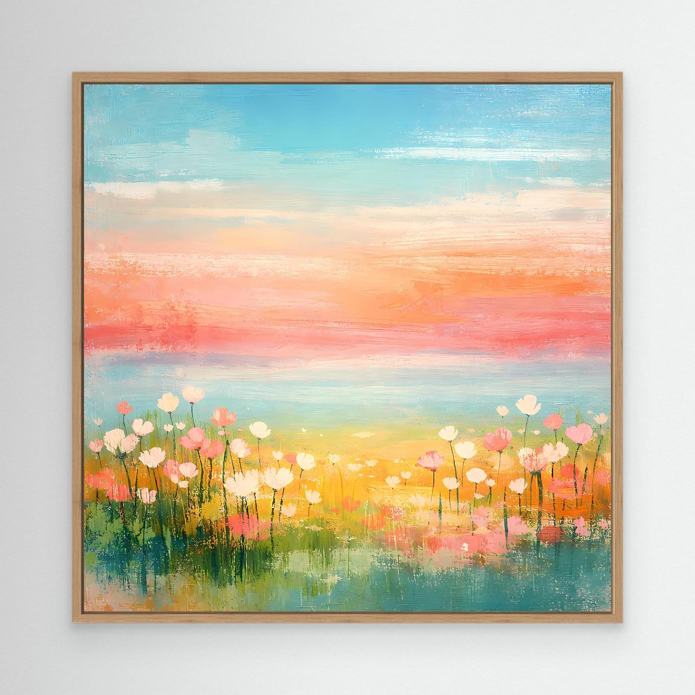 Abstraktes Leinwandbild mit Eichenholzrahmen: Blumenwiese am Meer, Pastellfarben