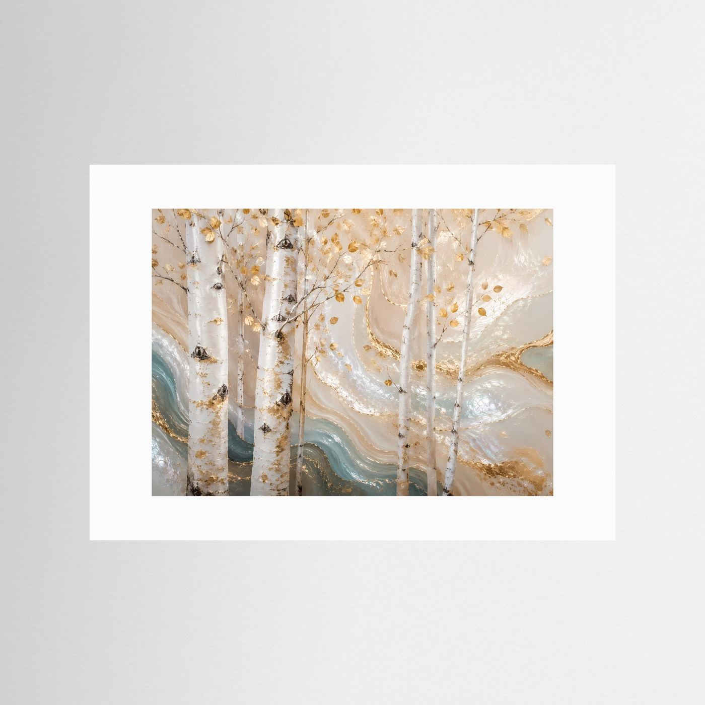 Wandposter Birkenwald in Creme und Gold mit weißem Passepartout, querformatig