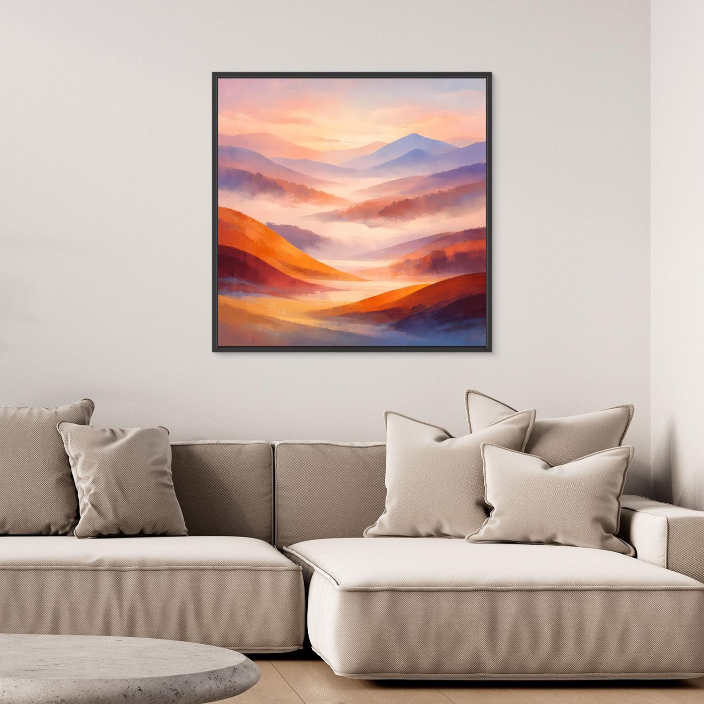 Leinwandbild Berglandschaft im Pastell, schwarzer Holzrahmen