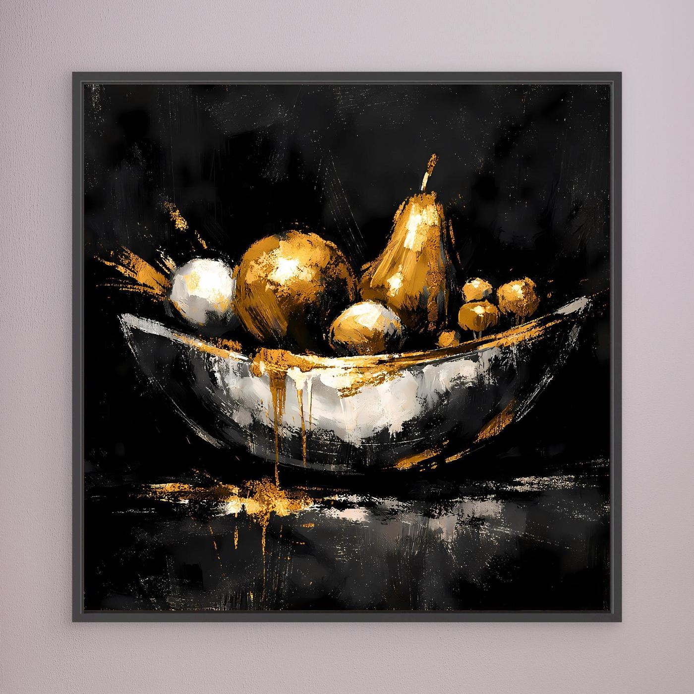 Leinwand Elegante Obstschale in Gold und Silber | Modernes Luxus Stillleben Wandbild