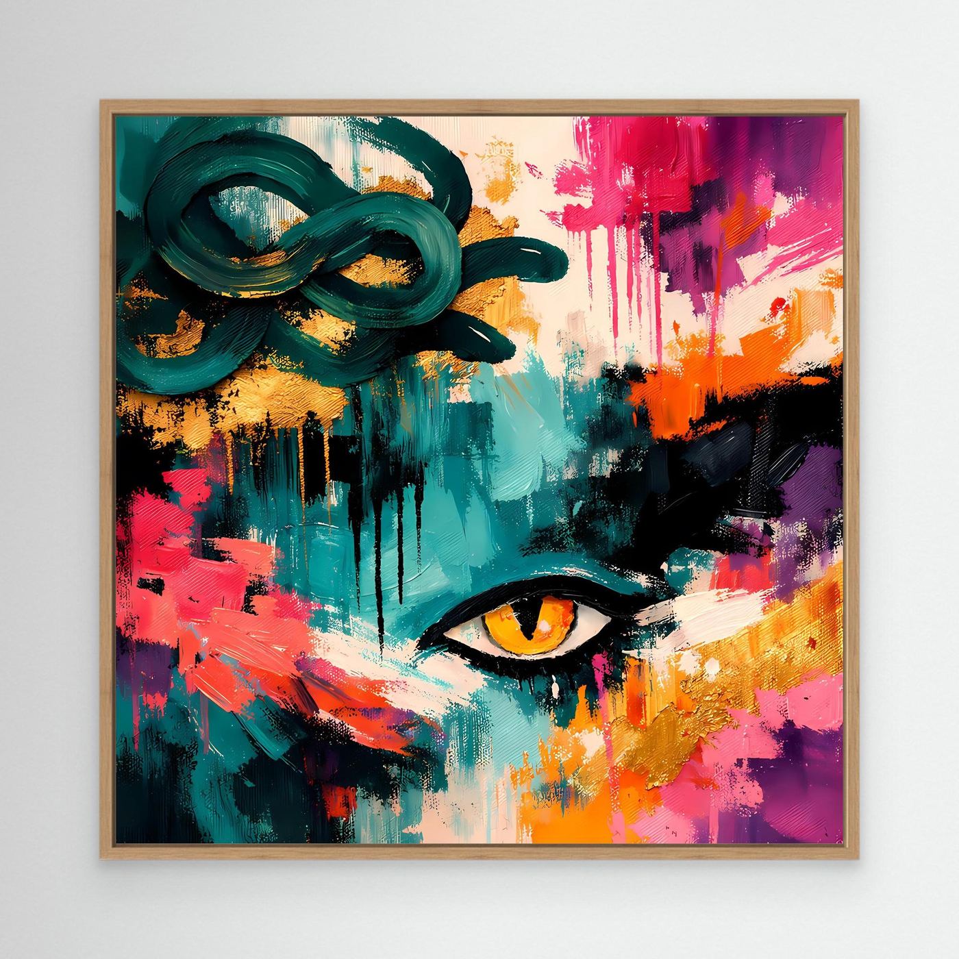 Gerahmtes Leinwandbild mit Medusa-Auge: gelbes Auge, Farbspritzer in Türkis, Pink und Grün