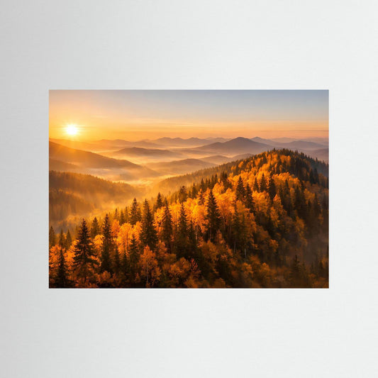 Poster Goldener Herbstwald bei Sonnenaufgang | Majestätisches Berge Wandbild