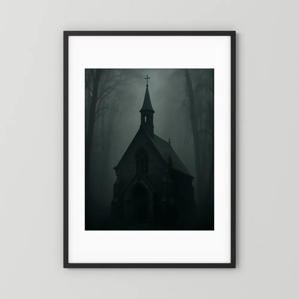 Gerahmtes Poster mit dunkler gotischer Kapelle im Nebel, schwarzer Rahmen und weißes Passepartout