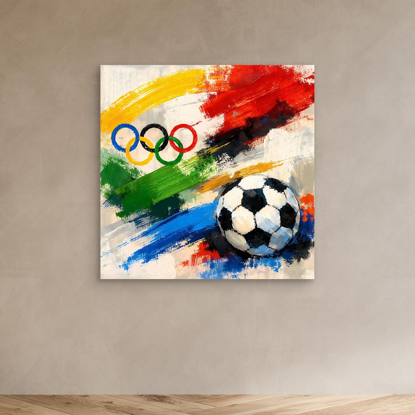 Leinwandbild mit abstraktem Fußball und olympischen Ringen, ungerahmt