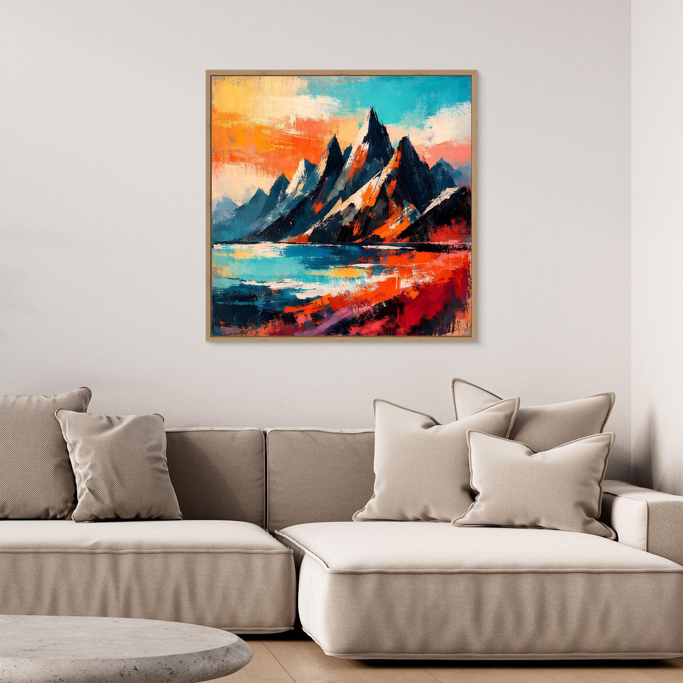 Abstraktes Wandbild auf Leinwand: dunkle Bergspitzen, türkis-blaues Wasser, orangefarbene Akzente
