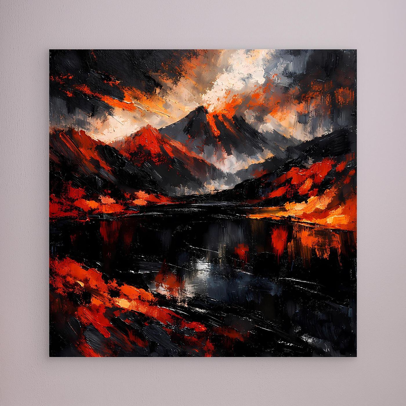 Abstraktes Leinwand-Wandbild mit Vulkan- und Flammenmeer-Motiv, ohne sichtbaren Rahmen