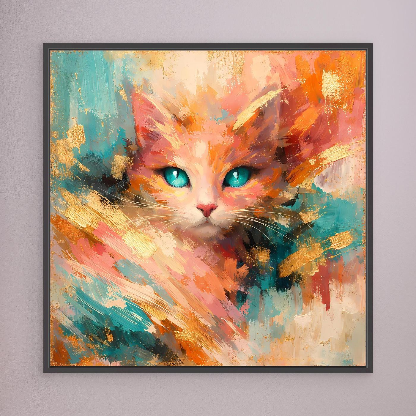 Leinwandbild abstrakte Katze mit türkisfarbenen Augen, schwarzer Rahmen