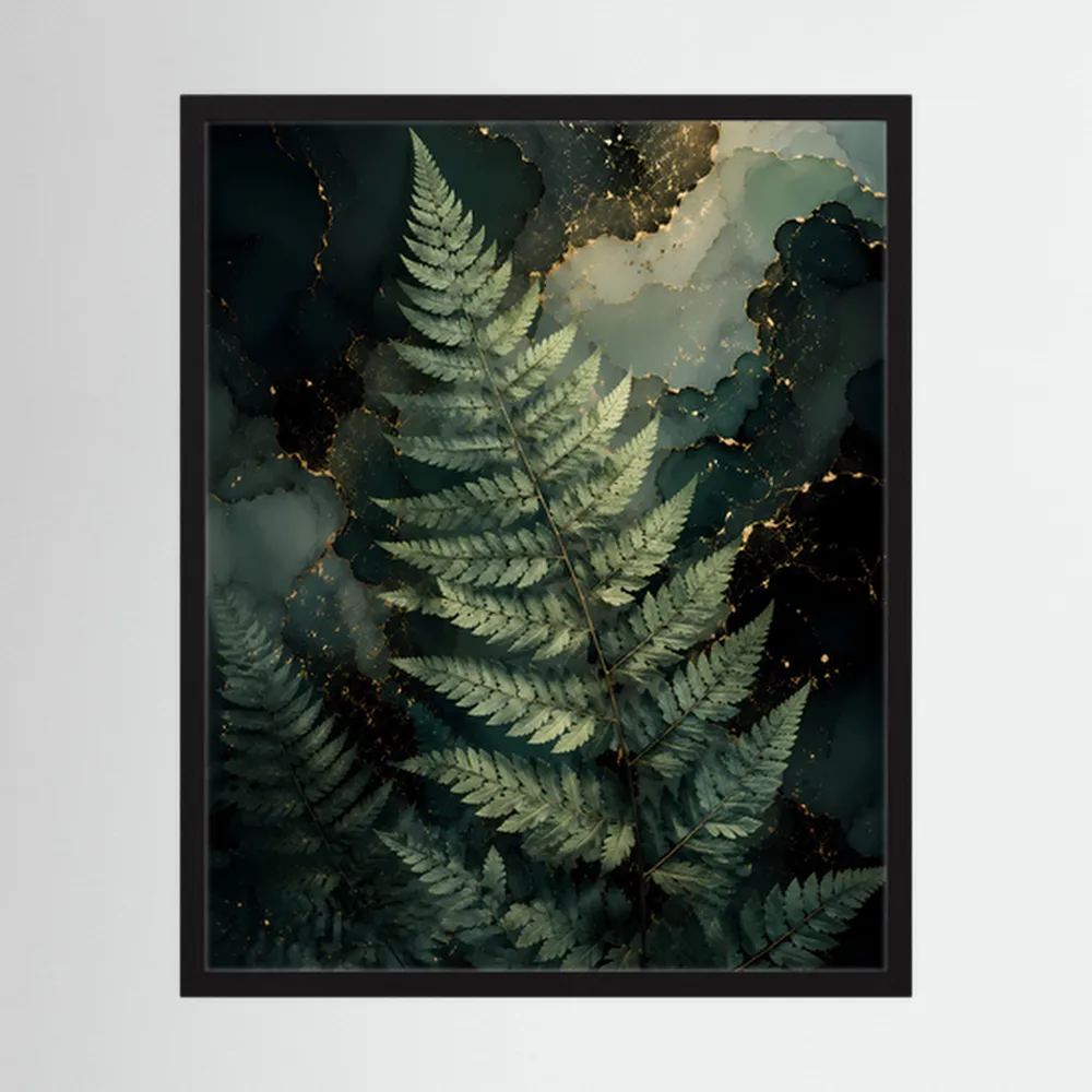 Hochformatiges Kunstposter mit Farnblatt-Motiv, dunkelgrün, mit goldenen Highlights, schwarz gerahmt