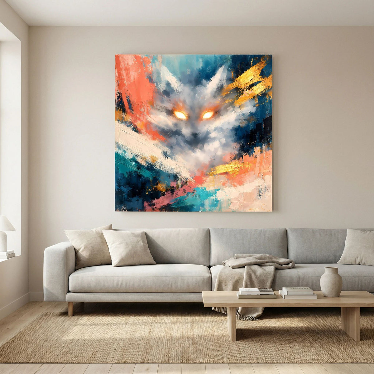 Abstraktes Leinwandbild mit leuchtenden Fuchsaugen, Farbexplosion in Blau, Orange und Gelb.