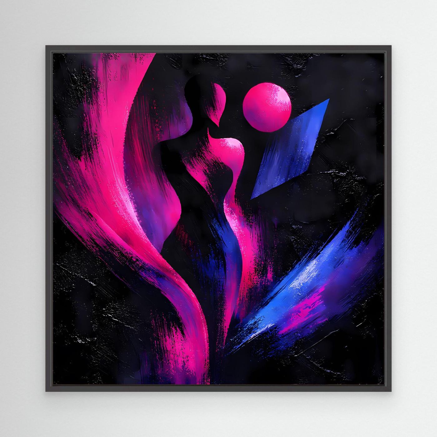 Leinwandbild mit abstrakter Silhouette in Neonpink und Blau, dunkler Rahmen