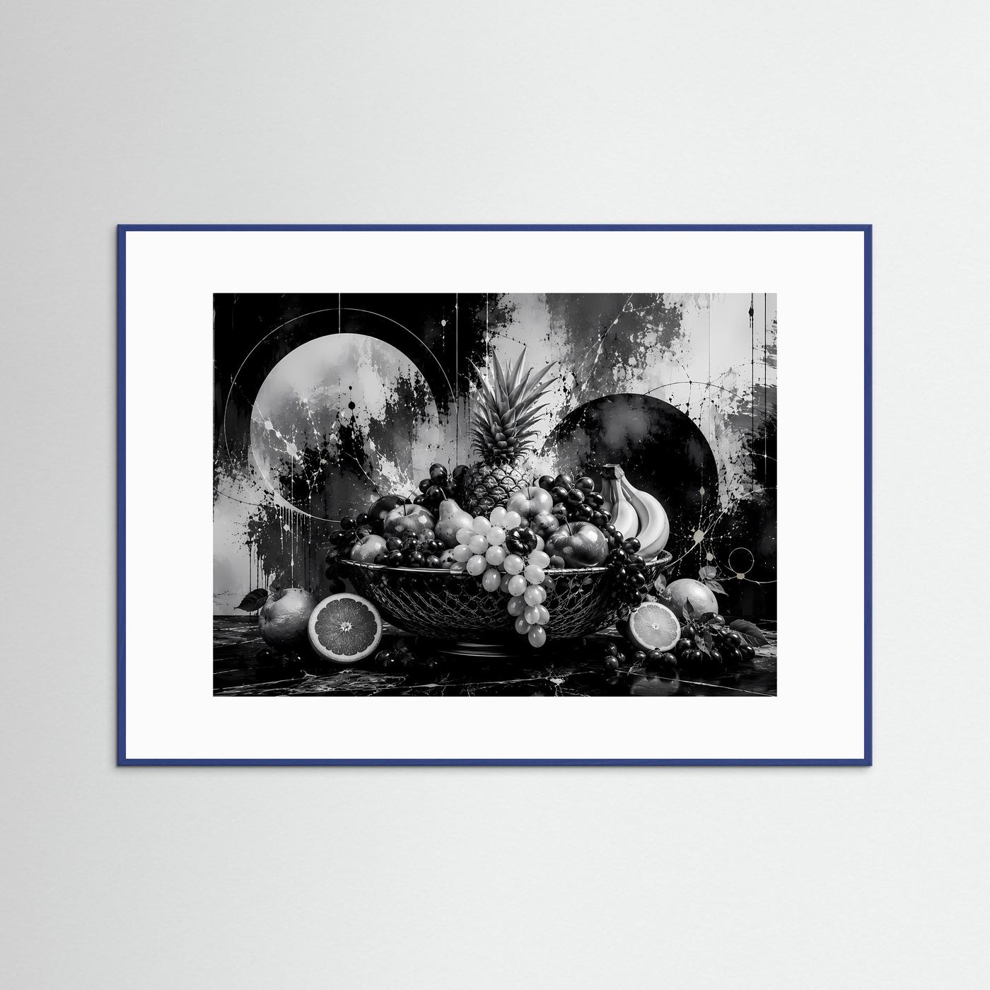 Abstrakte Obstschale in Schwarz-Weiß | Modernes Stillleben Poster Querformat