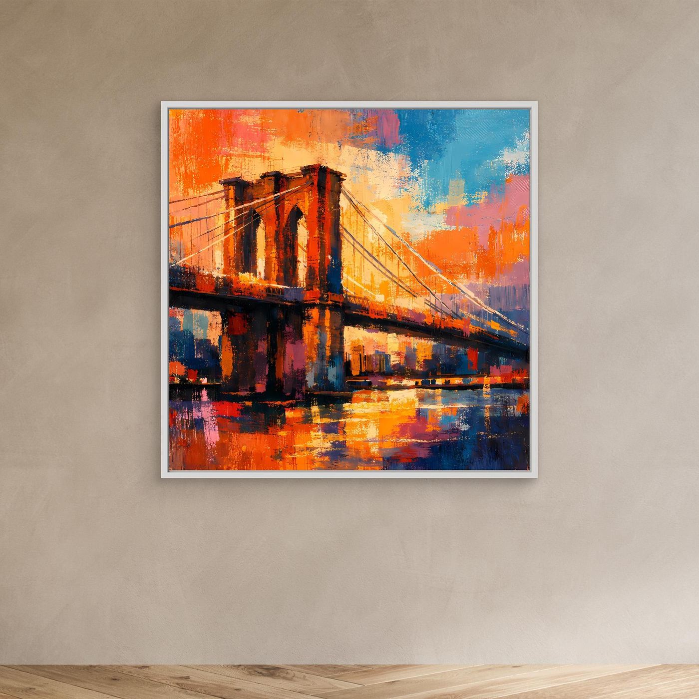 Leinwandbild mit Brückenmotiv, orange-blauer Farbverlauf, im hellen Rahmen