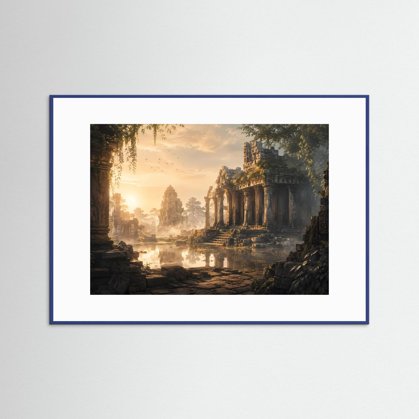 Querformat-Poster „Vergessener Tempel“ mit blauem Rahmen