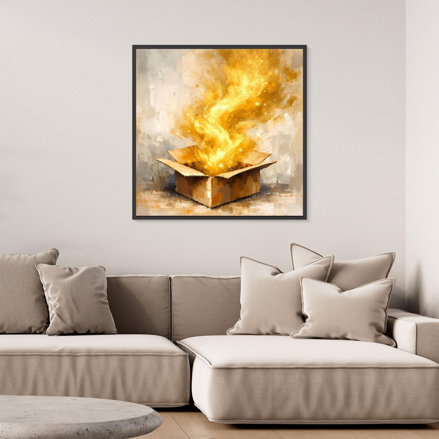 Premium Leinwand Magisches Leuchten aus der Box | Abstraktes Fantasy Wandbild Goldglorie
