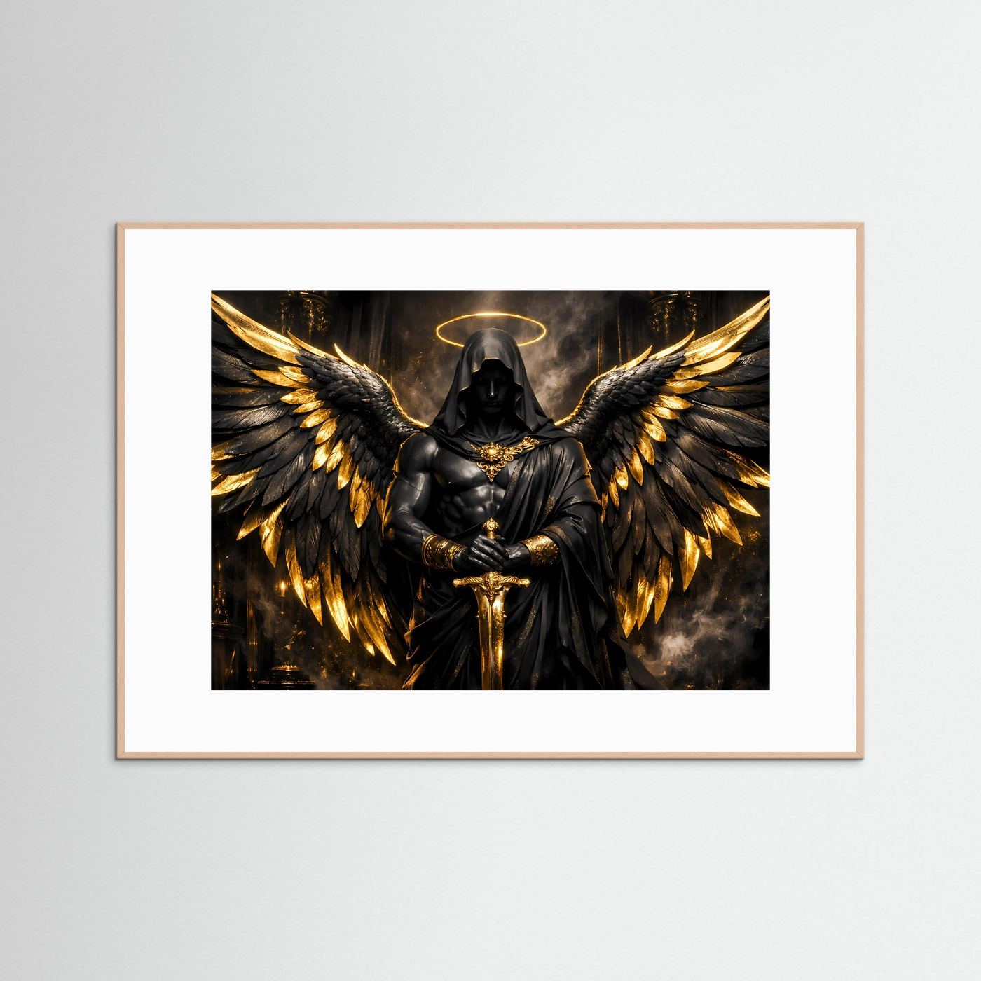 Dunkler Engel mit Goldflügeln & Schwert | Mystisches Wandbild Querformat