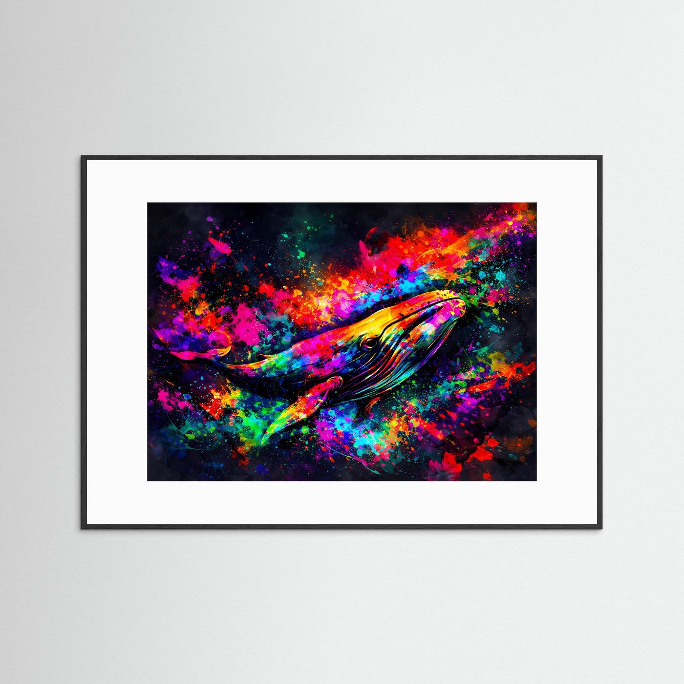 Wandposter mit buntem Wal in Pop-Art Splash, Farbexplosionen und stilisierter Meer-Szene, quer
