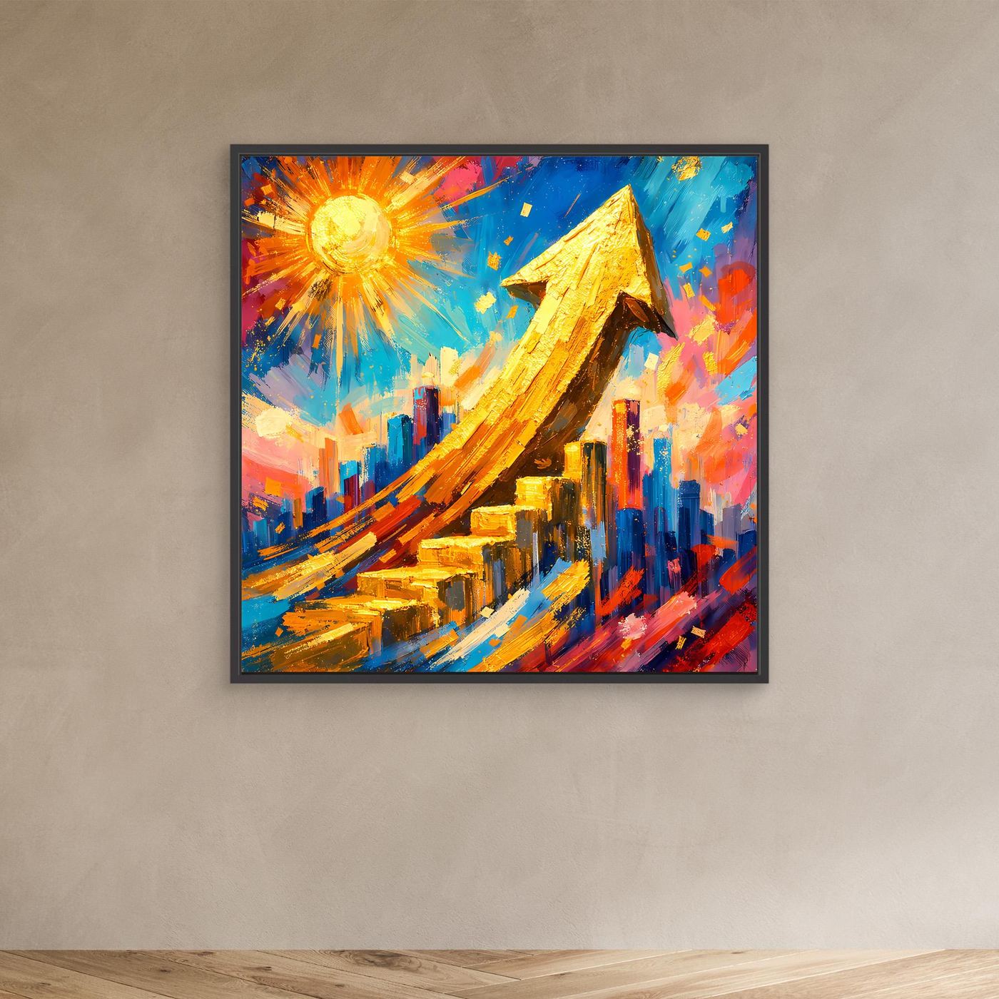 Leinwandbild im schwarzen Rahmen mit abstrakter Skyline und goldenem Pfeil, farbige Akzente