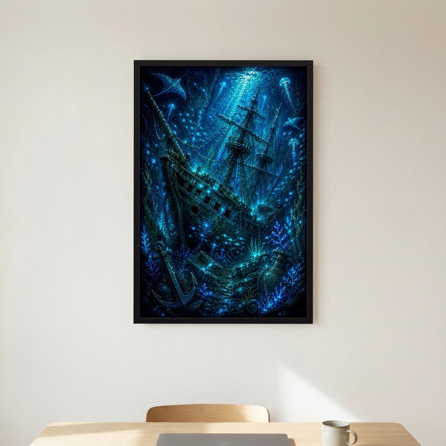 Kunstposter mit Geisterschiff-Motiv in leuchtendem Blau, schwarzer Rahmen