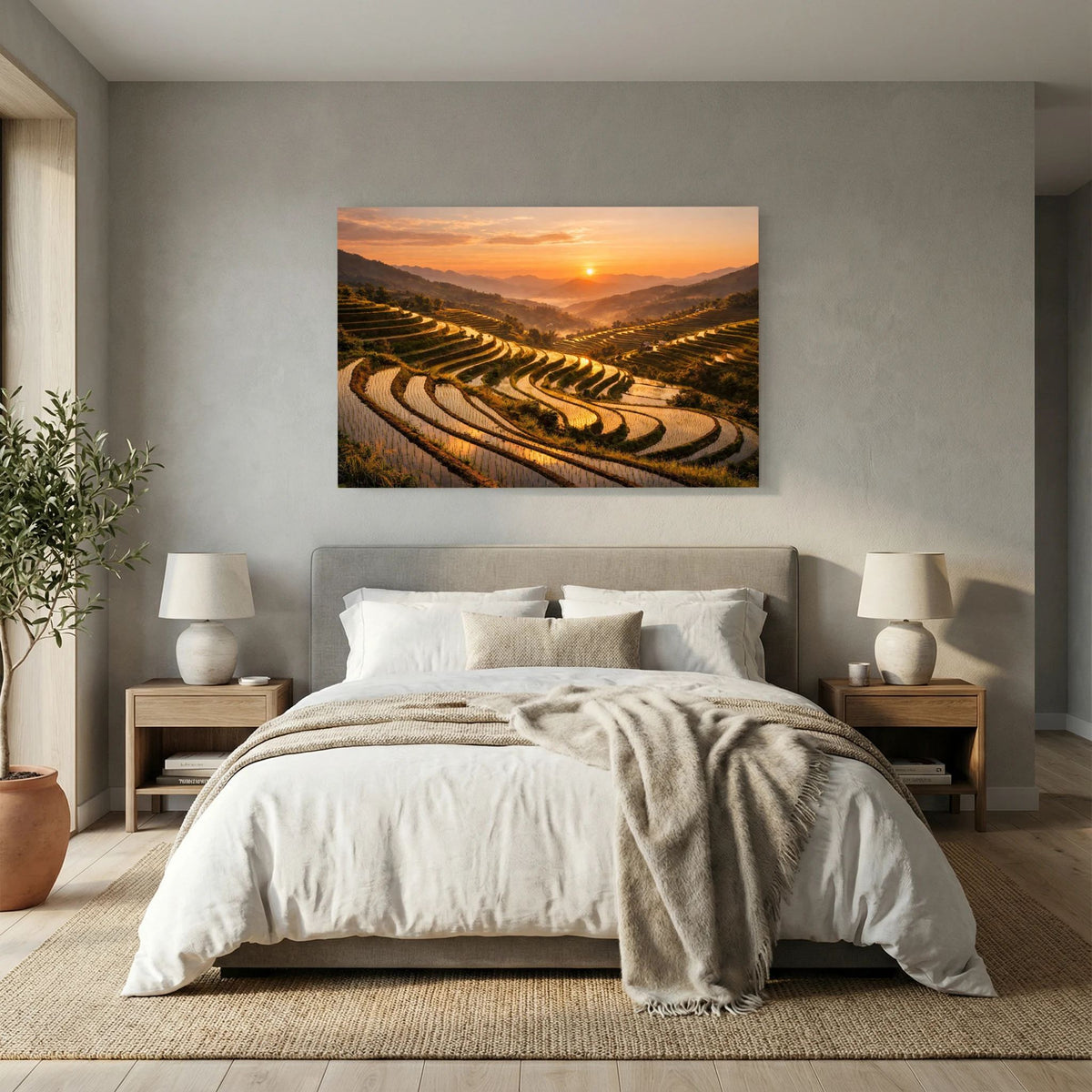 Wandbild mit Reisterrassen im Abendlicht, Bergtal-Landschaft, Querformat