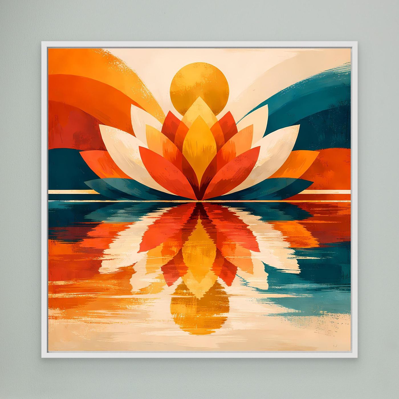 Leinwandbild mit symmetrischem Lotus in Orange, Gelb und Türkis, weiß gerahmt