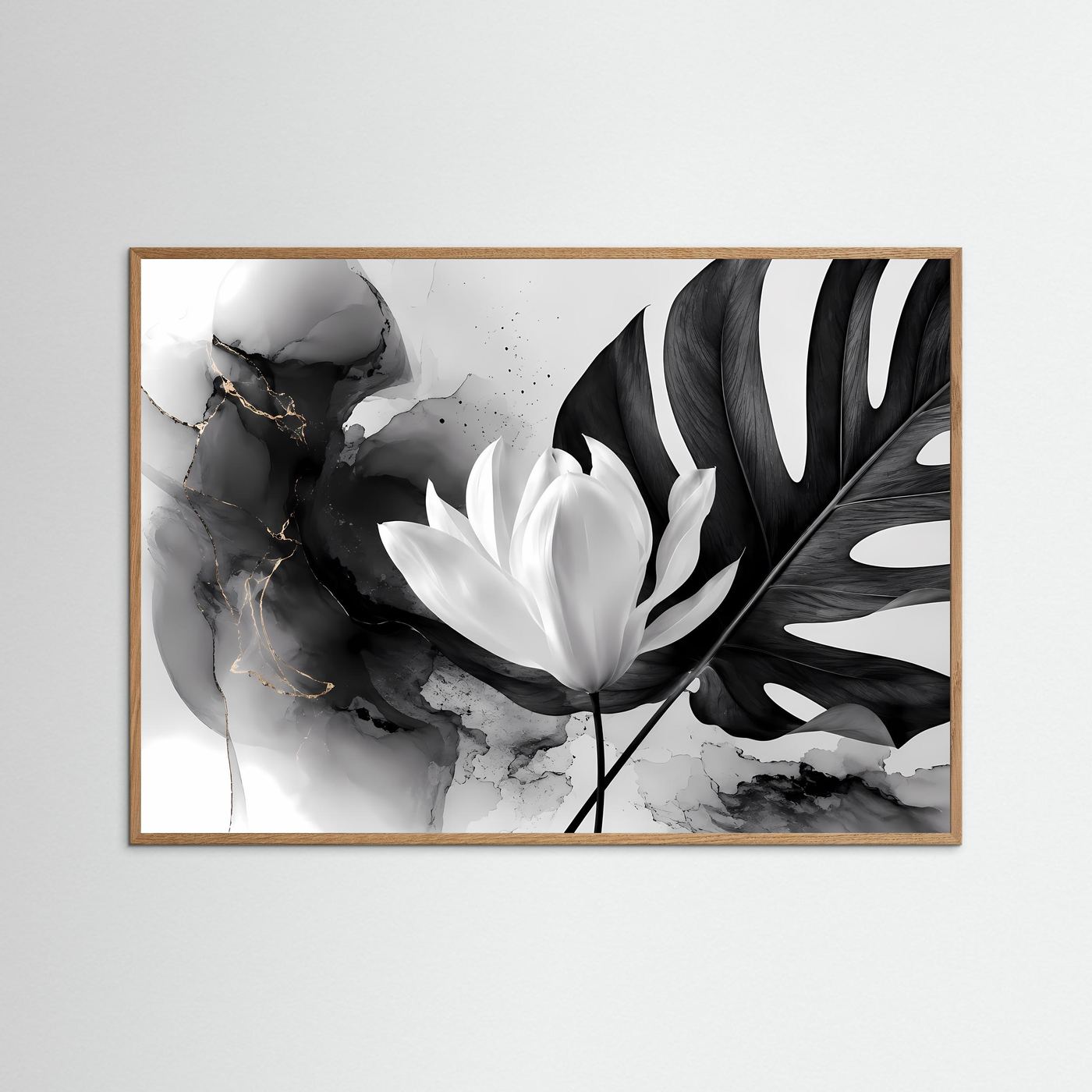 Schwarz Weiß Lotus Poster | Monstera Botanical Wandkunst | Minimalistische Blumen Kunst | Moderne Leinwand | Monochrome Natur mit Goldakzenten