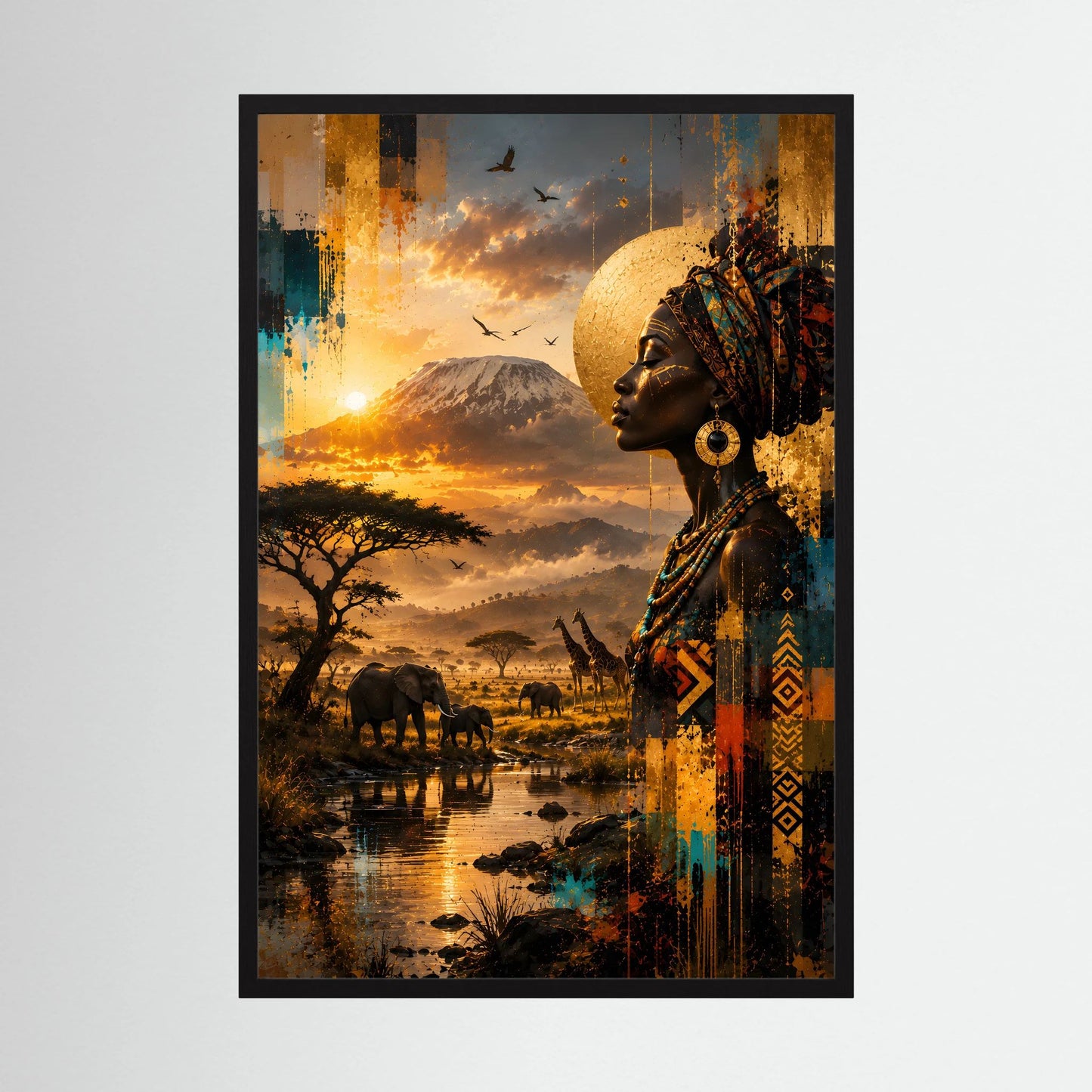 Kunstposter im schwarzen Rahmen mit Porträt einer afrikanischen Frau im Profil, Sonnenuntergang