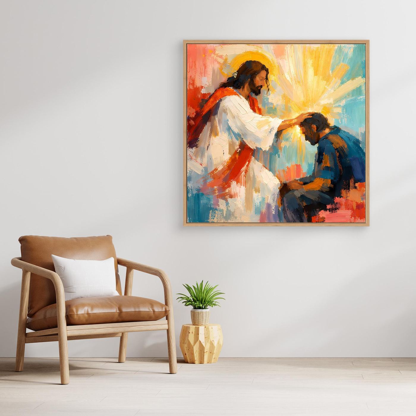 Christian canvas wall art of Jesus blessing a praying man with gold frame
