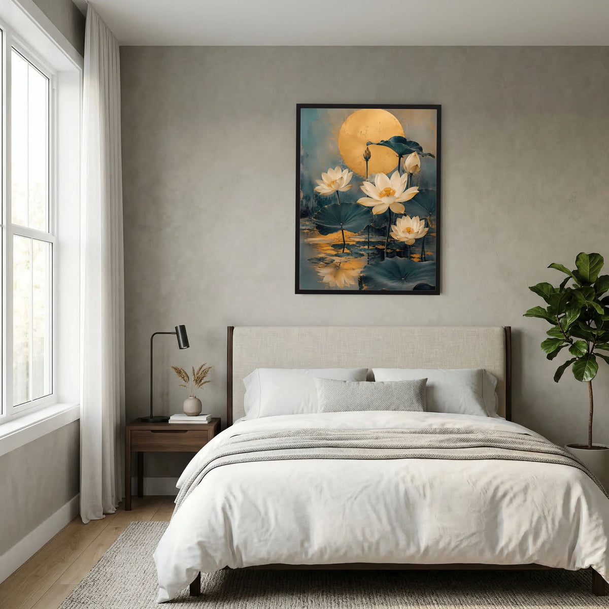 Wandposter mit goldenem Mond und weißen Lotusblüten, schwarz gerahmt