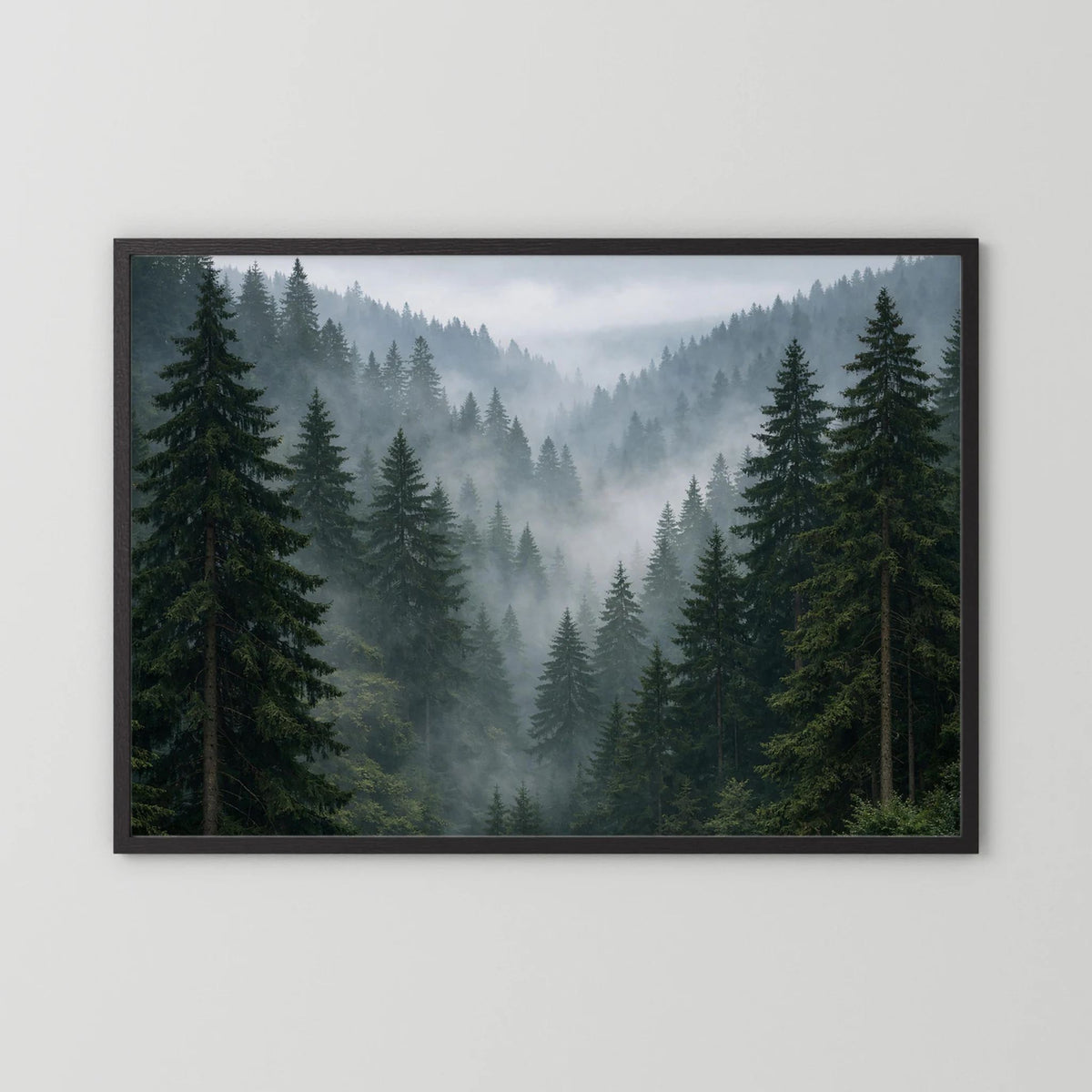 Wandbild Querformat mit Nebelwald und Tannen, schwarzer Holzrahmen