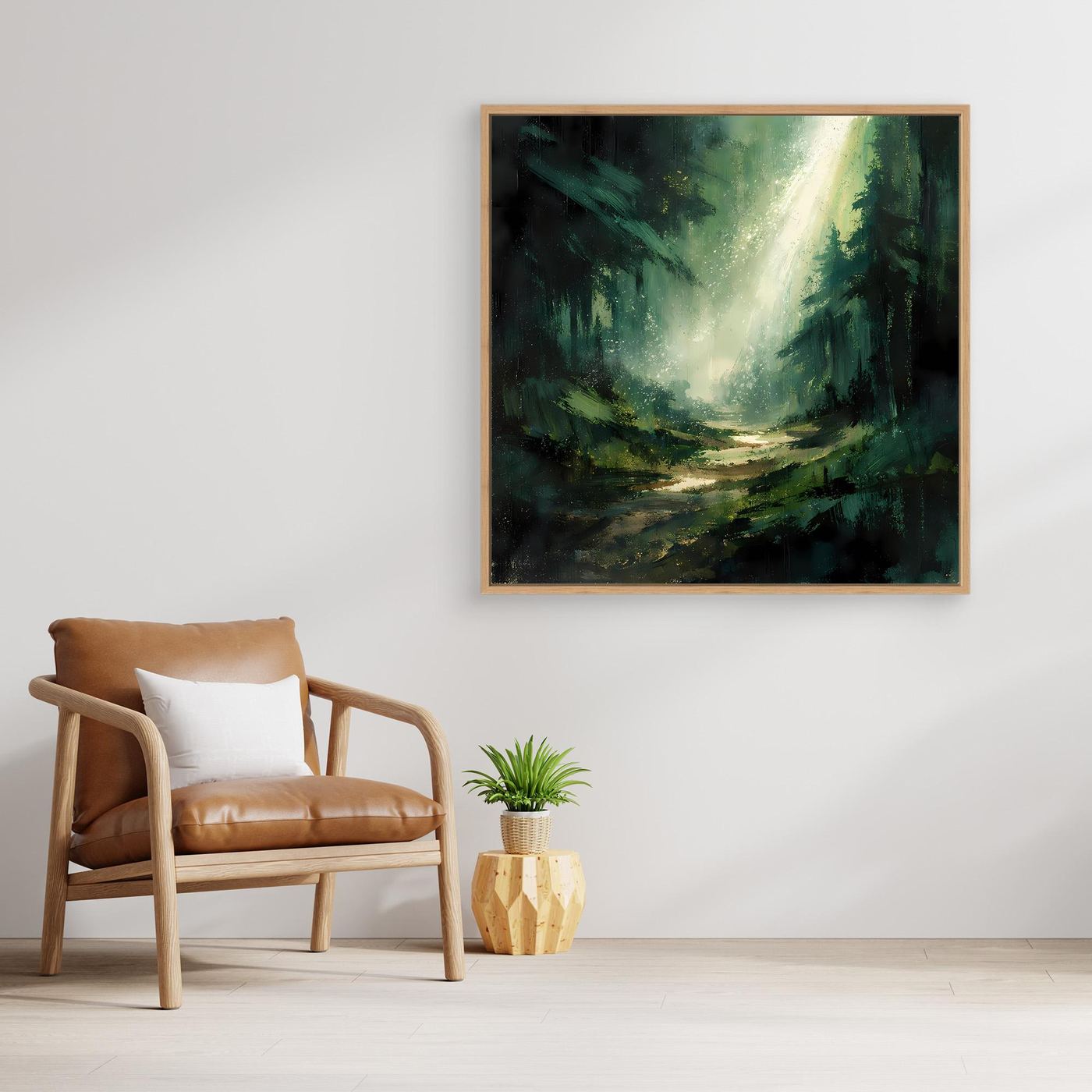 Leinwand Magischer Lichtstrahl im Wald | Abstraktes Tannenwald Wandbild Grün