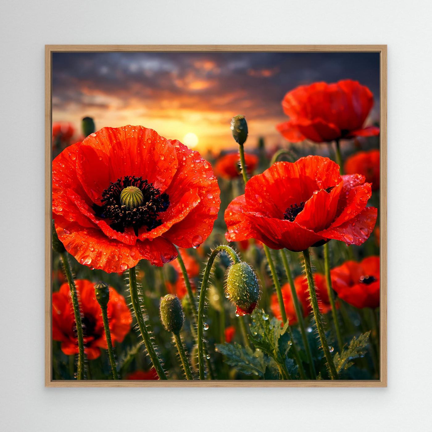Leinwandbild mit roten Klatschmohnblüten im Sonnenuntergang, mit hellem Holzrahmen