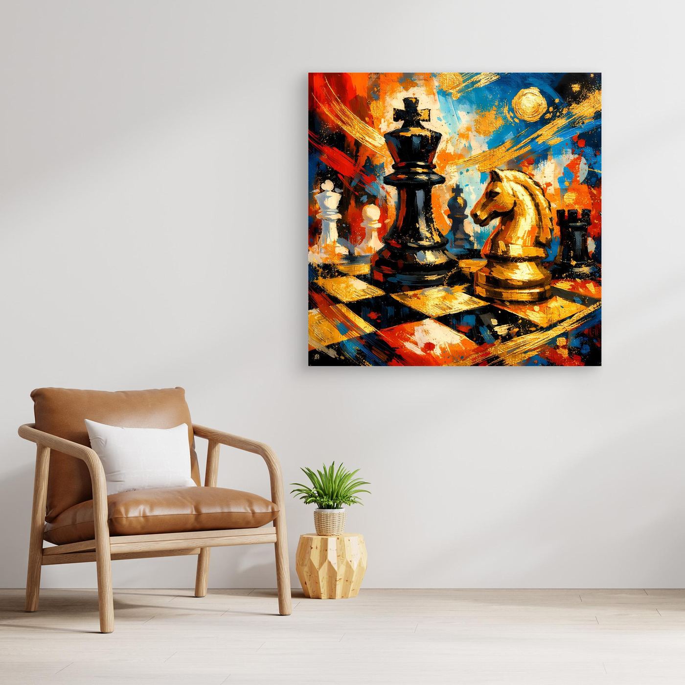 Leinwandbild mit abstraktem Schachspiel, bunt, quadratisch, helles Umfeld