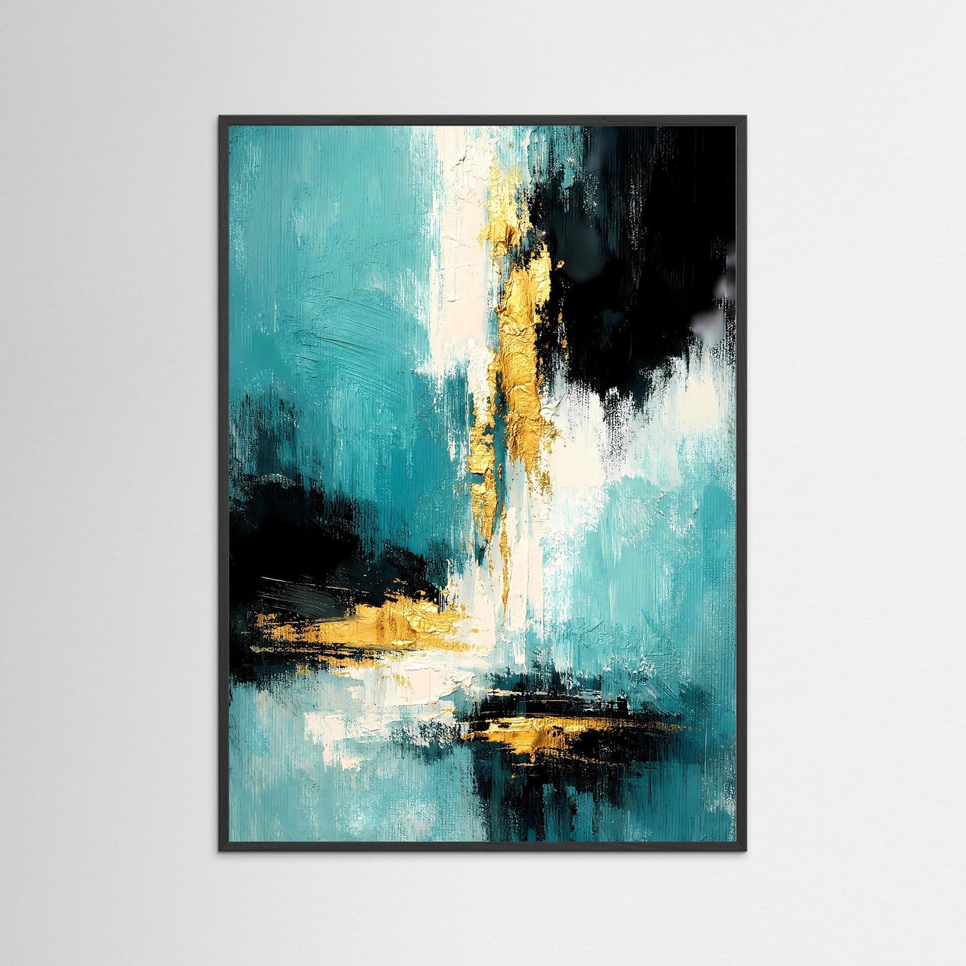 Abstraktes Acrylposter im Hochformat mit schwarzem Rahmen; türkis, dunkel und goldene Striche.