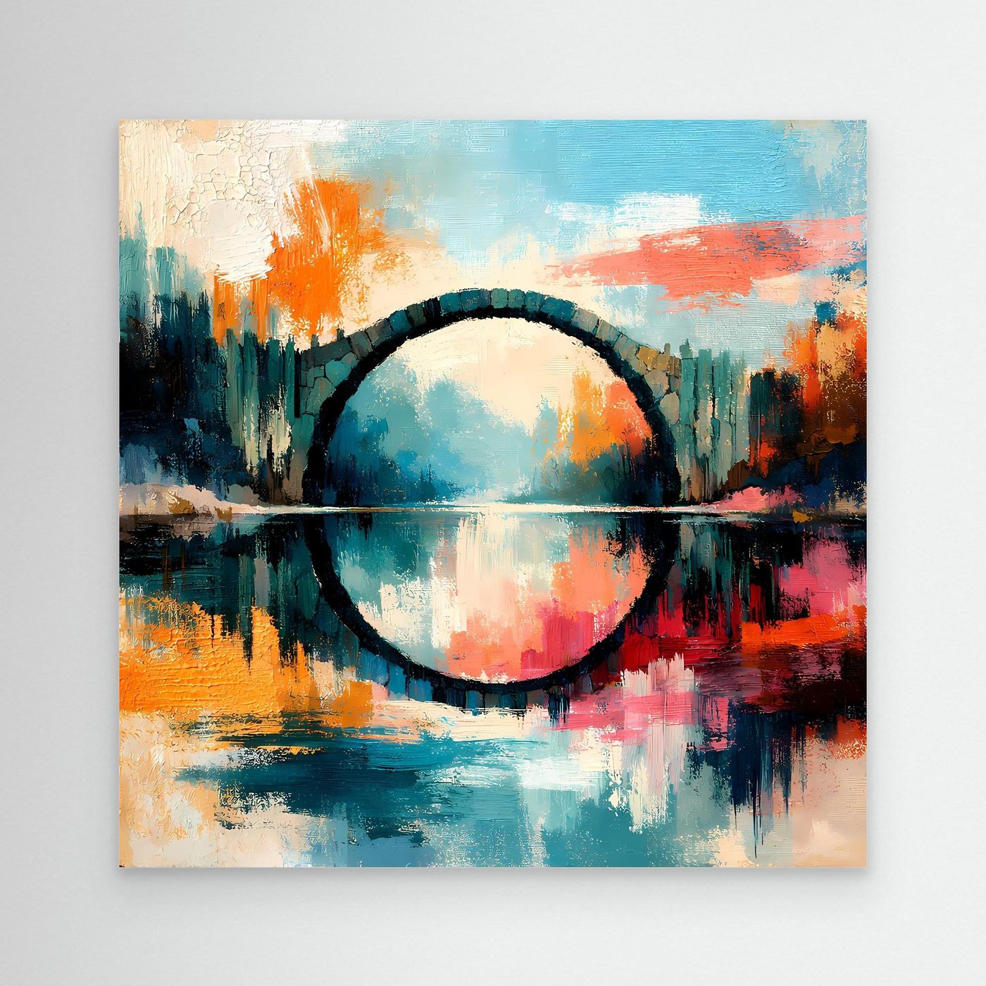 Premium Leinwand Mystische Kreisbrücke im Wasser | Abstraktes Natur Wandbild farbenfroh