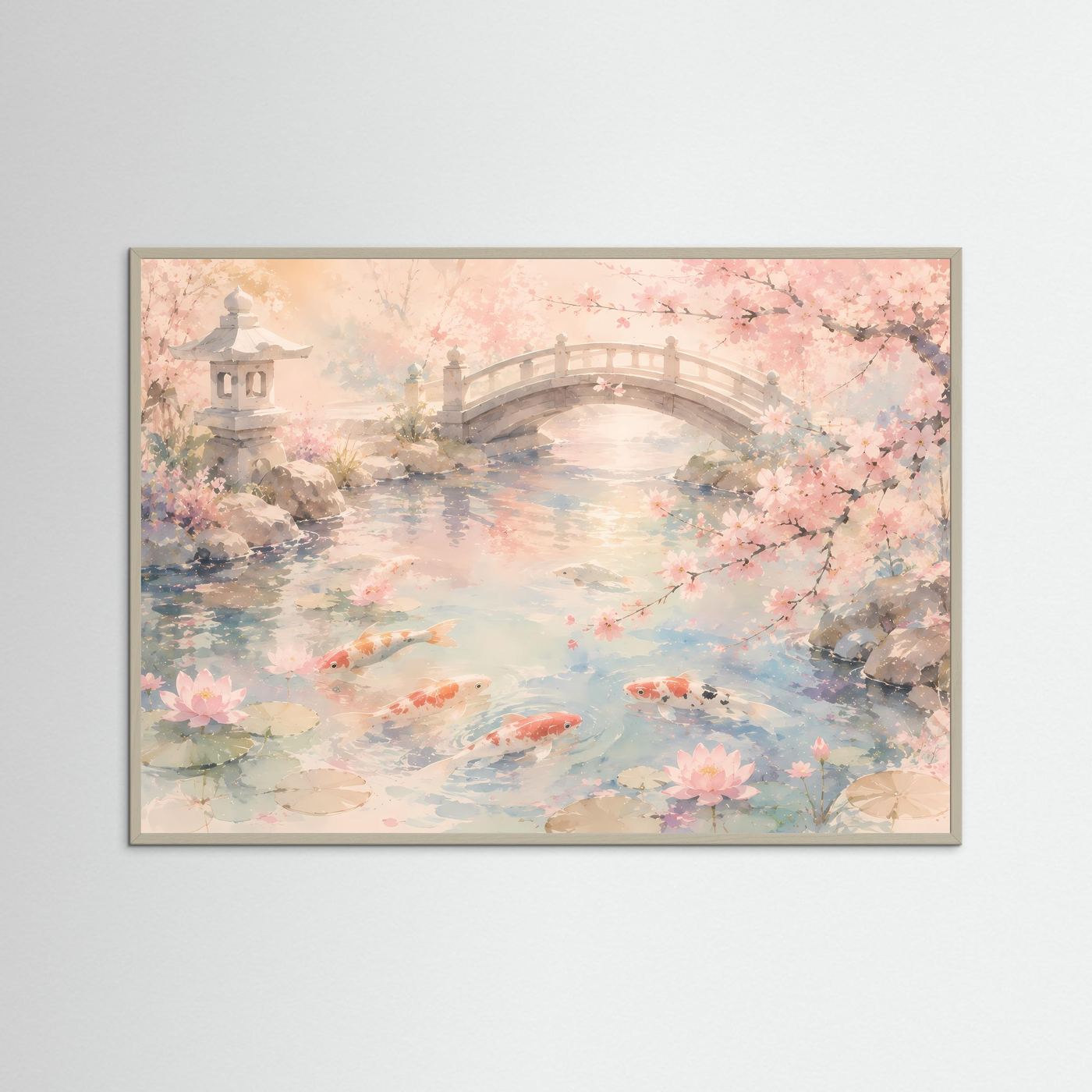 Japanischer Koi-Teich mit Kirschblüten | Zen Garten in Pastell Rosa