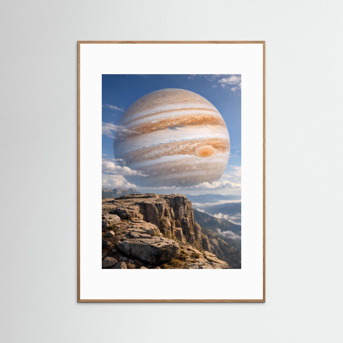 Kunstposter mit Jupiter-Planet und Wolken über einer Felsklippe im Hochformat, hellbrauner Rahmen
