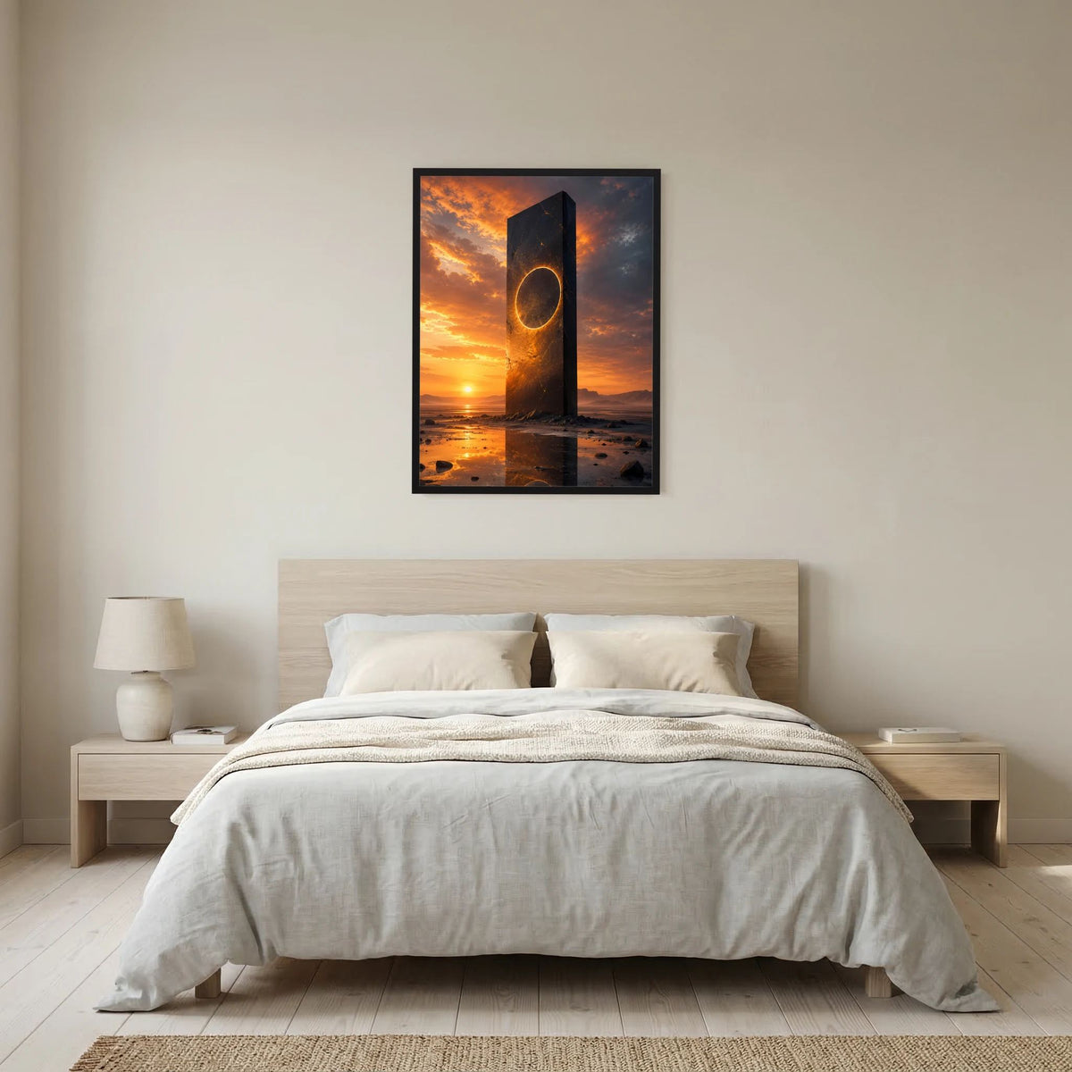 Hochformat-Poster mit schwarzem Monolith und goldener Ringöffnung bei Sonnenuntergang