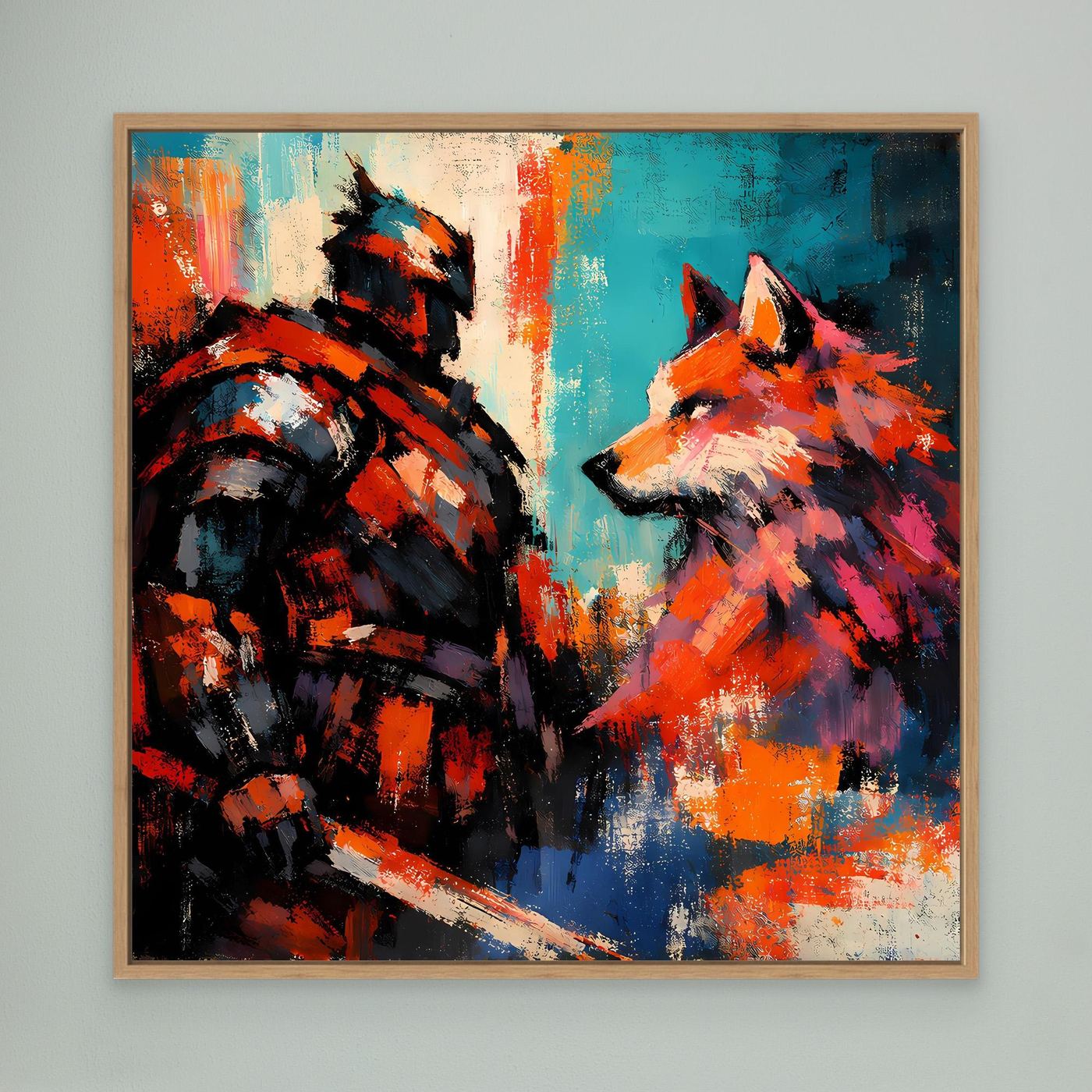Abstraktes Leinwand-Wandbild mit Eichenrahmen: Krieger und Wolf, kräftige Farben und Textur