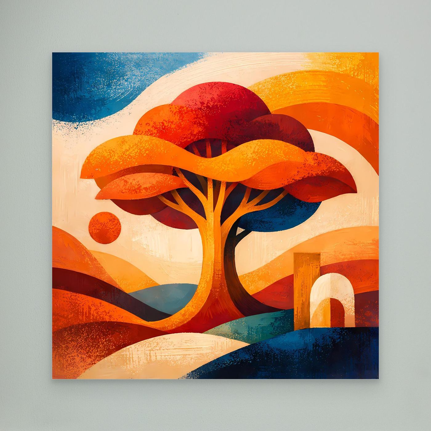 Leinwandbild mit abstraktem Lebensbaum, orange-rote Baumkrone und blaue Formen