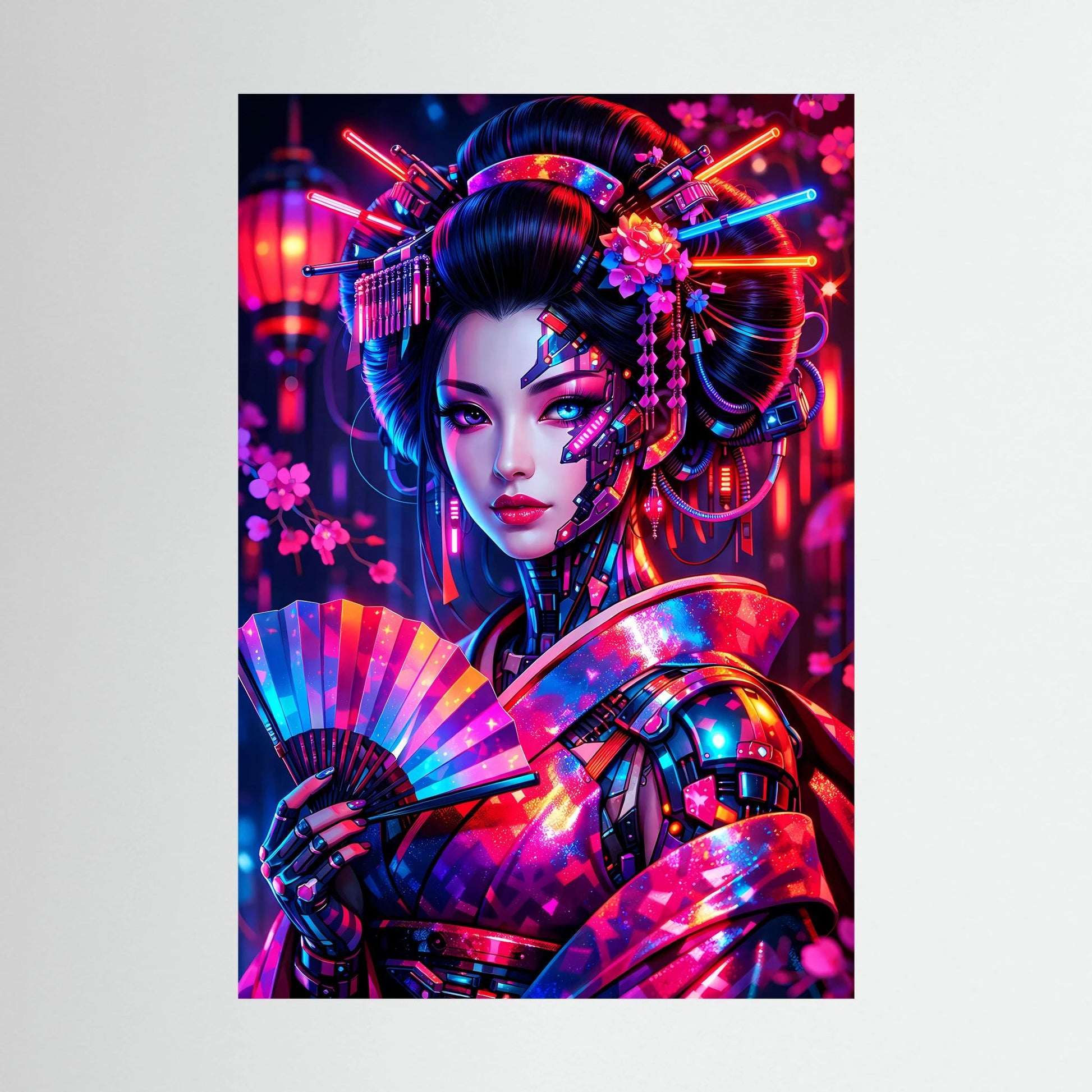 Nahaufnahme: Neon-Kunstposter mit Cyber-Geisha, bunten Neonlichtern und Blumen