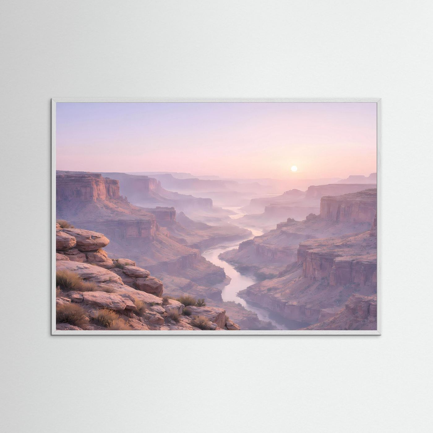 Canyon-Wandbild im grauen Rahmen, Panoramaansicht mit Schlucht und Sonnenaufgang