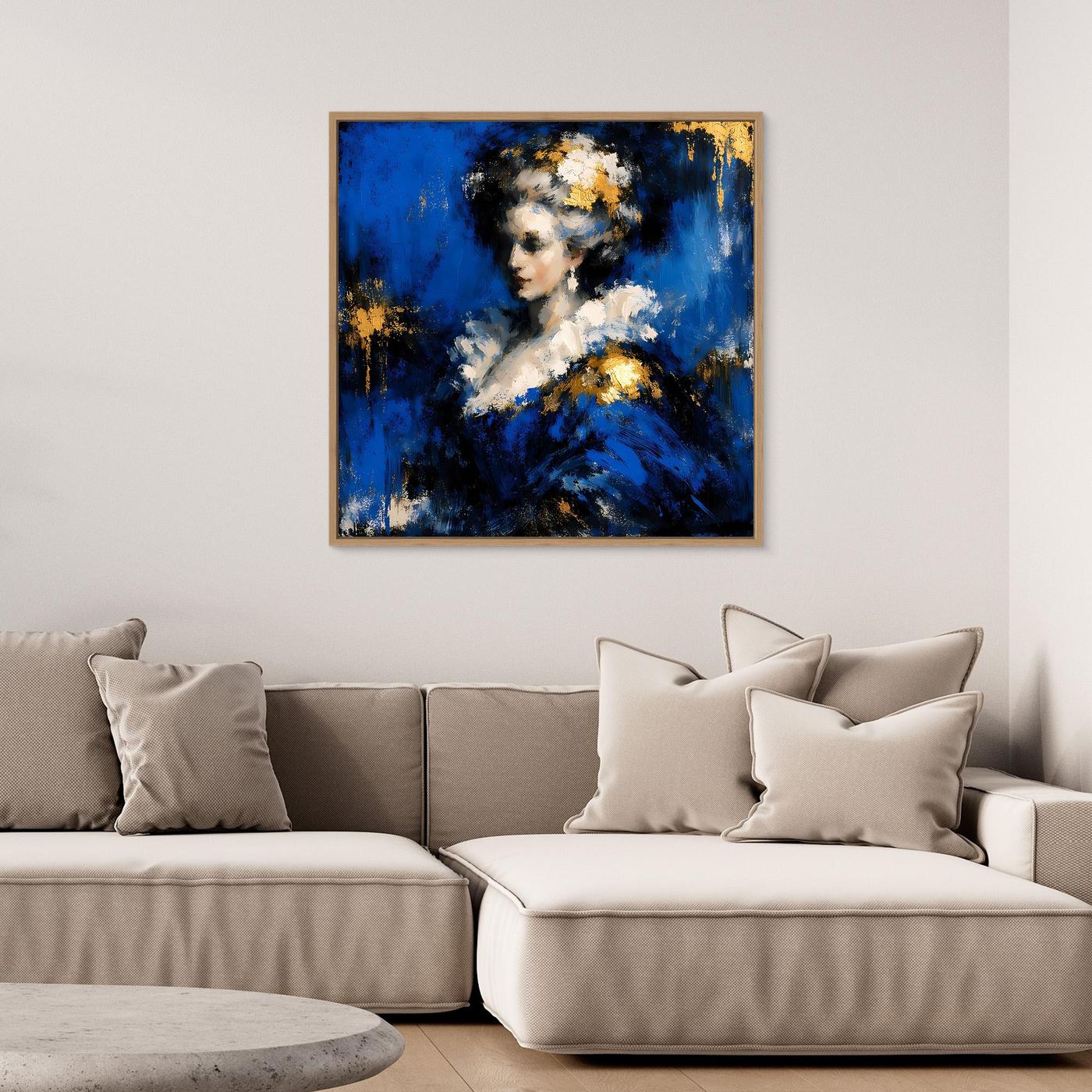 Leinwand Elegante Barock-Dame in Blau und Gold | Abstraktes Porträt Wandbild