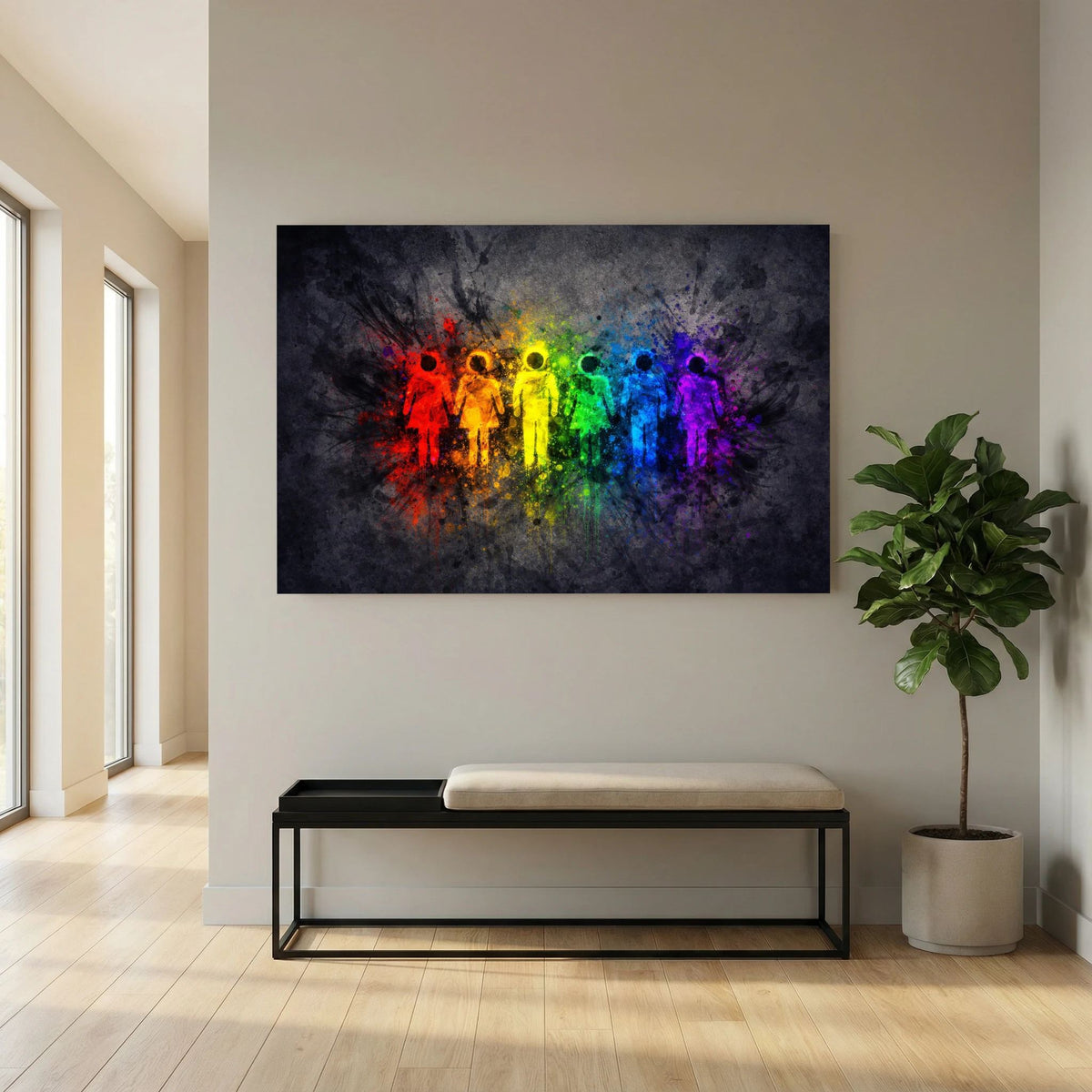 Gerahmtes Querformat-Wandbild mit Regenbogenfarben und Menschenfiguren im Farbnebel